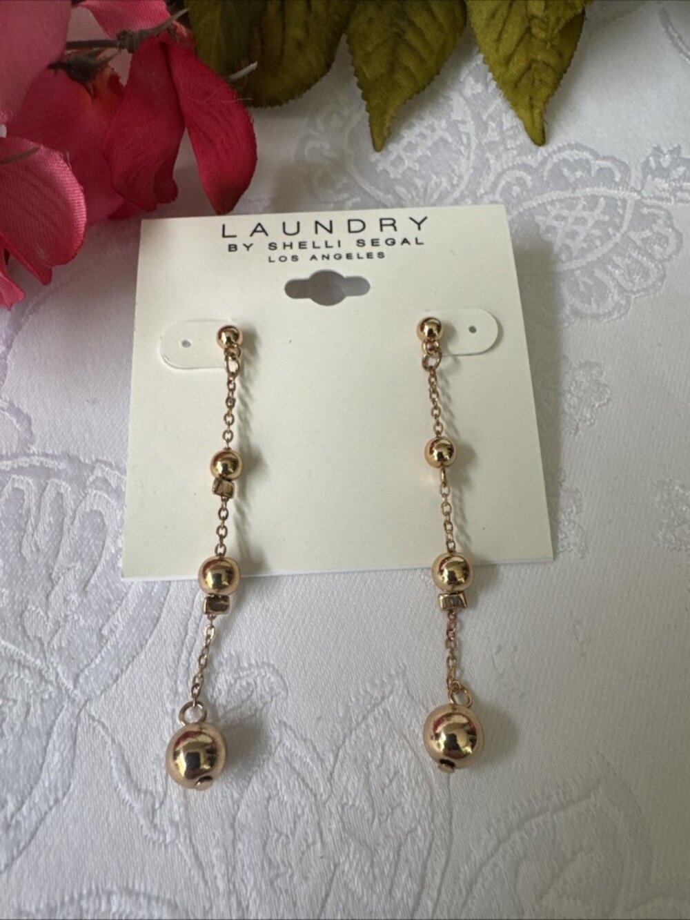 Laundry Shelli Segal Dainty Ball Goldtone Chain Dangling Earrings 2 3/4" NEW